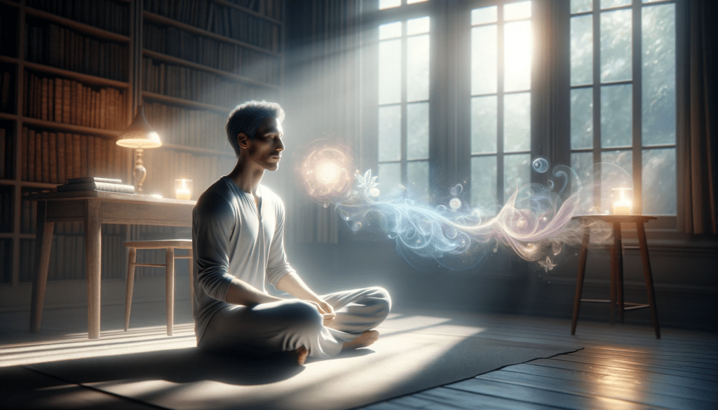 um momento sereno e contemplativo, refletindo o tema da compreensão emocional por meio da atenção plena. A cena deve incluir um ambiente tranquilo, talvez uma sala de estudo silenciosa, banhada por luz natural e suave, com uma pessoa sentada em uma postura relaxada e atenta, com os olhos fechados em profunda introspecção.