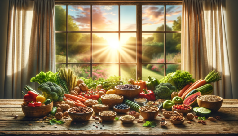 Mesa com uma infinidade de verduras, legumes e cereais com um sol pela janela ao fundo